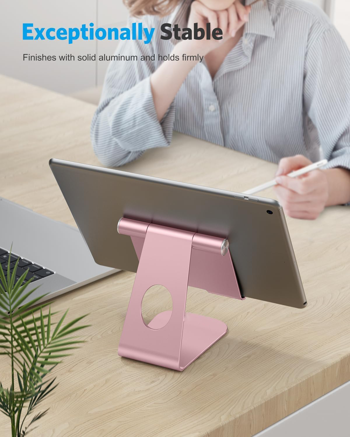 T1 Adjustable Tablet Stand for Desk, Aluminum Holder Rose Gold