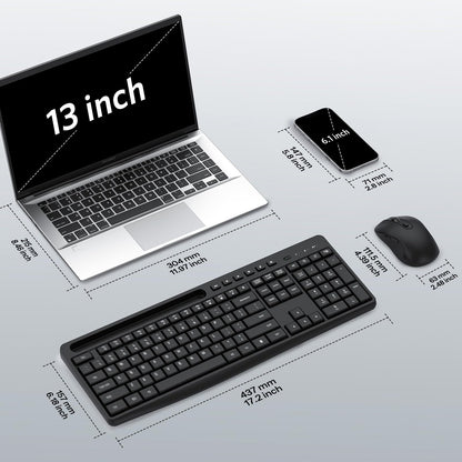 Dark Black Wireless Keyboard and Mouse Combo, Built-in Phone Holder