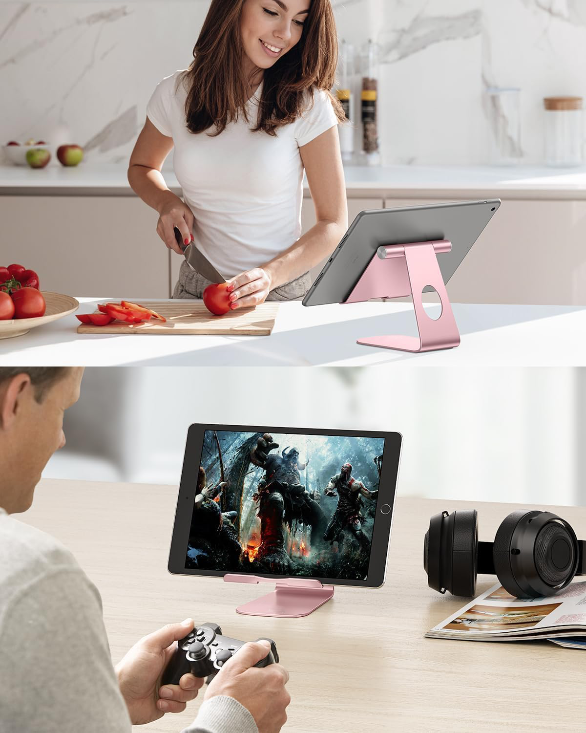 T1 Adjustable Tablet Stand for Desk, Aluminum Holder Rose Gold