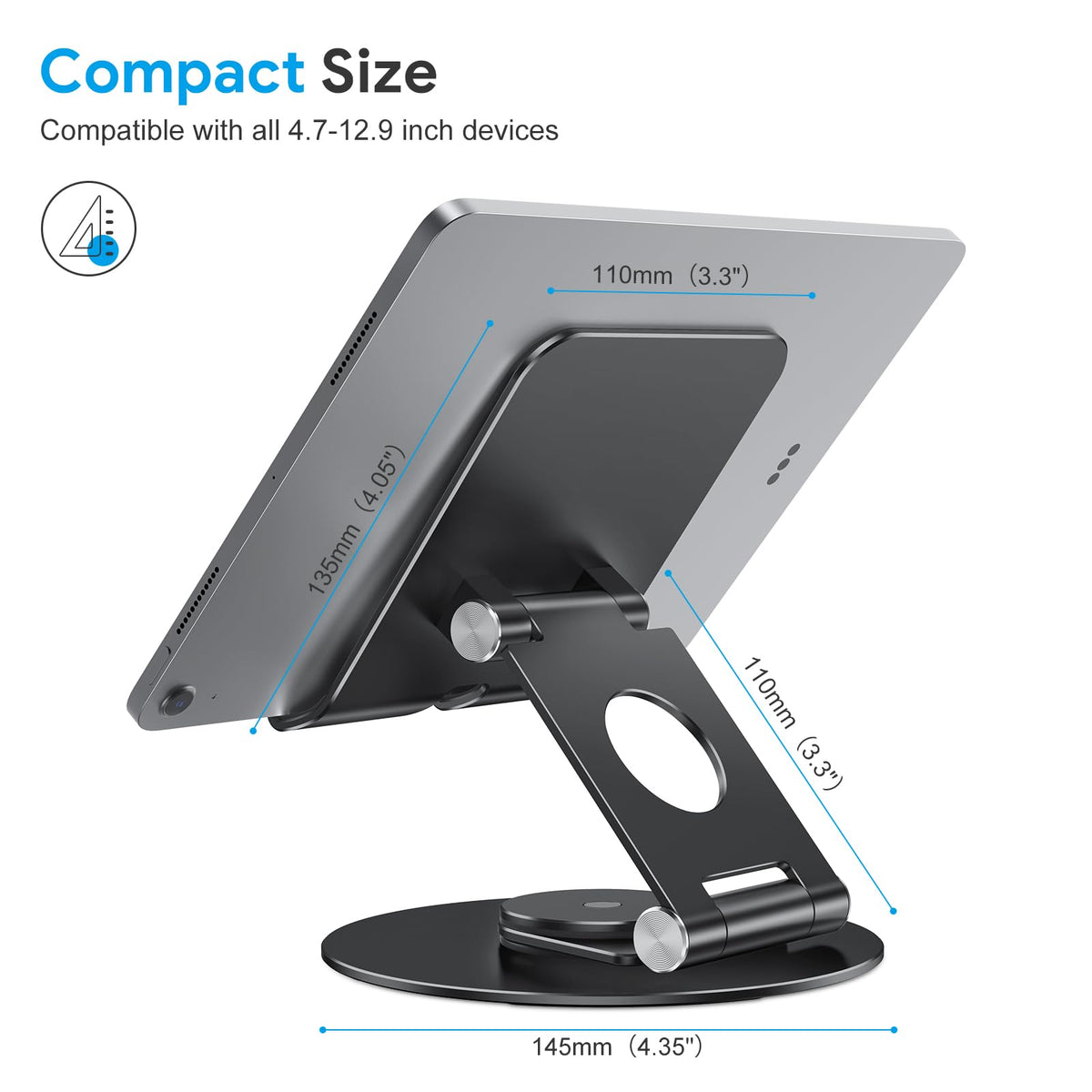 Swivel Tablet Stand for iPad with 360 Rotating Base, Foldable Adjustable Holder for Drawing, Compatible with iPad Pro/Air/Mini and More, Black Gray