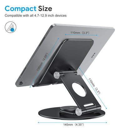 Swivel Tablet Stand for iPad with 360 Rotating Base, Foldable Adjustable Holder for Drawing, Compatible with iPad Pro/Air/Mini and More, Black Gray