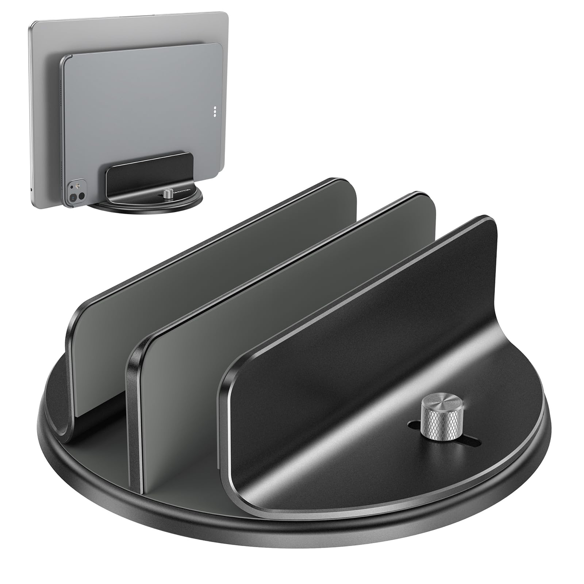 360° Vertical Laptop Stand Holder, Dual-Slot Aluminum Desk Organizer